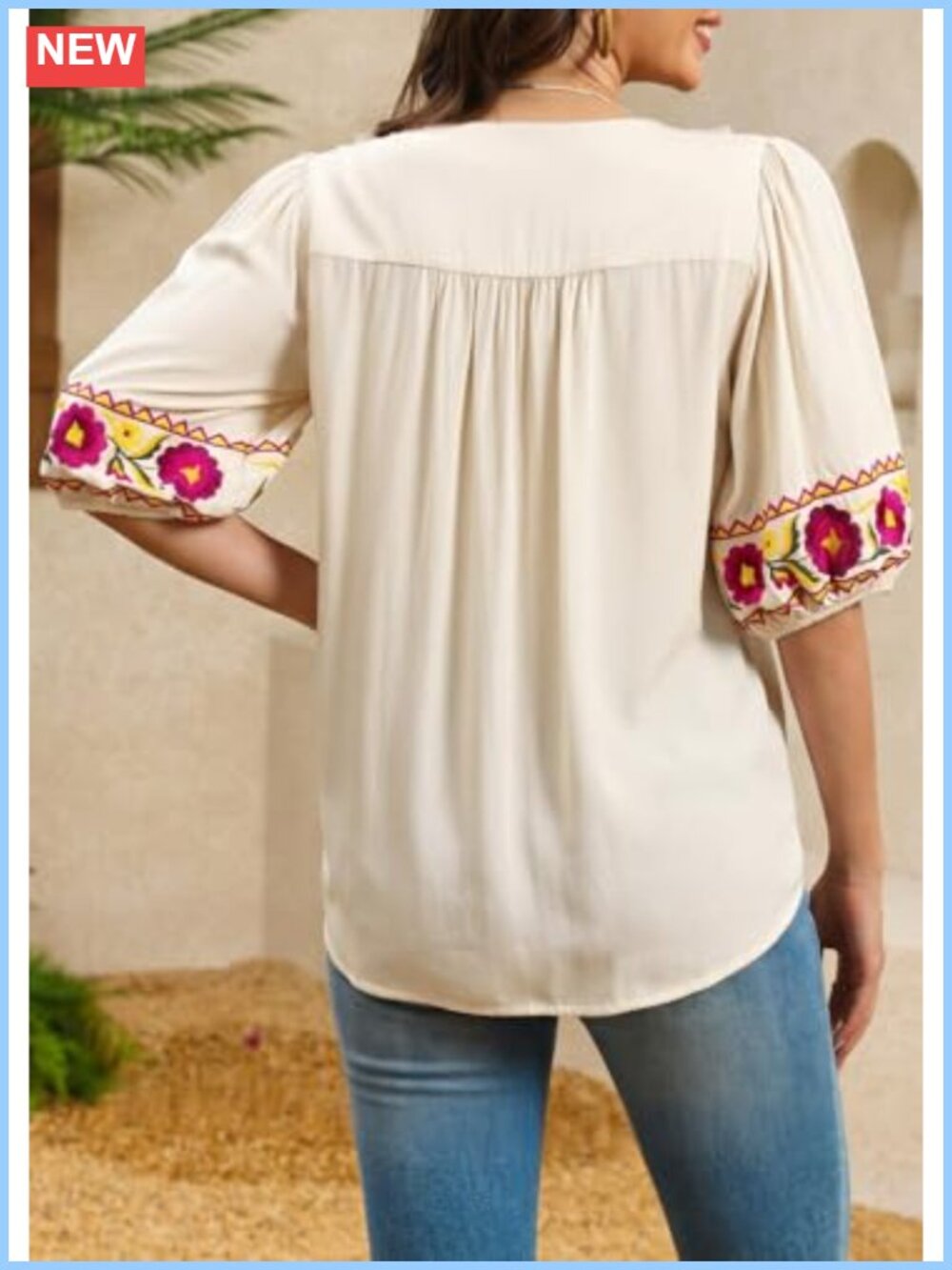 Women's Embroidered Boho Tunic Blouse Puff Short Sleeve Floral Tassel - Picture 4 of 6